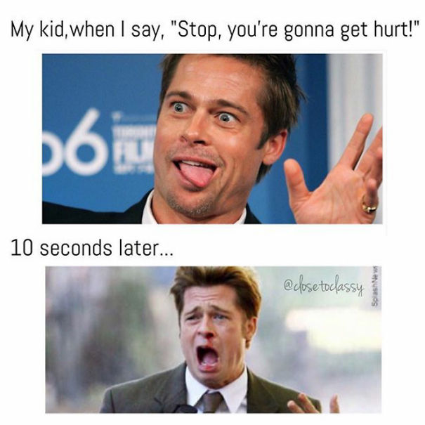 Man making a funny face, followed by distressed expression, illustrating a humorous parenting meme scenario.