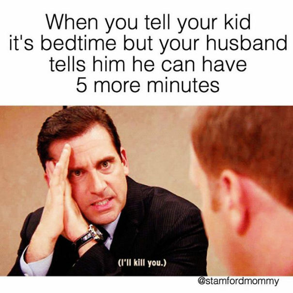 Parenting meme: man with intense expression jokingly threatens when told child can stay up longer.