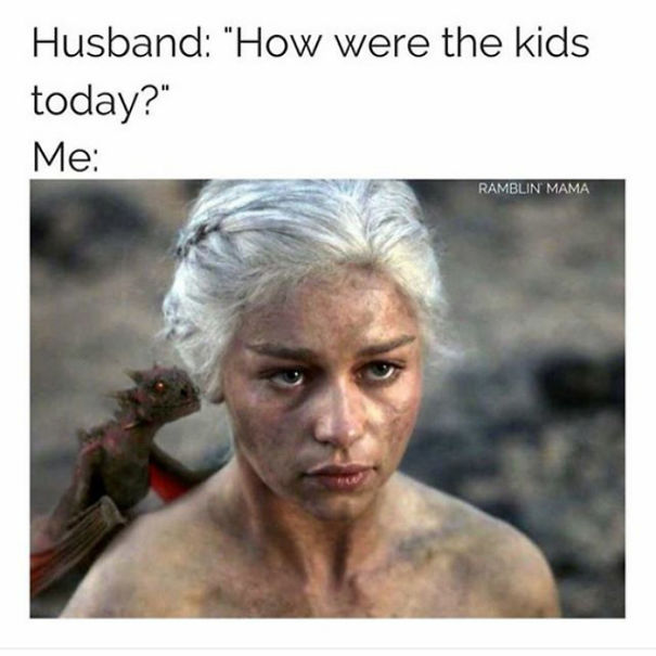 Parenting meme featuring a tired woman with silver hair, a small dragon on her shoulder, depicting parental exhaustion.