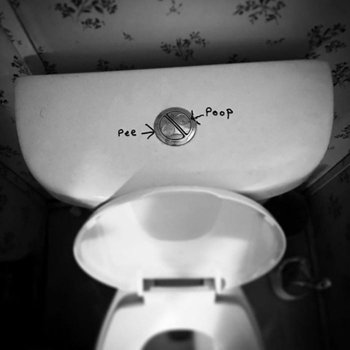Toilet tank with pee and p**p labels, showcasing a dad joke.