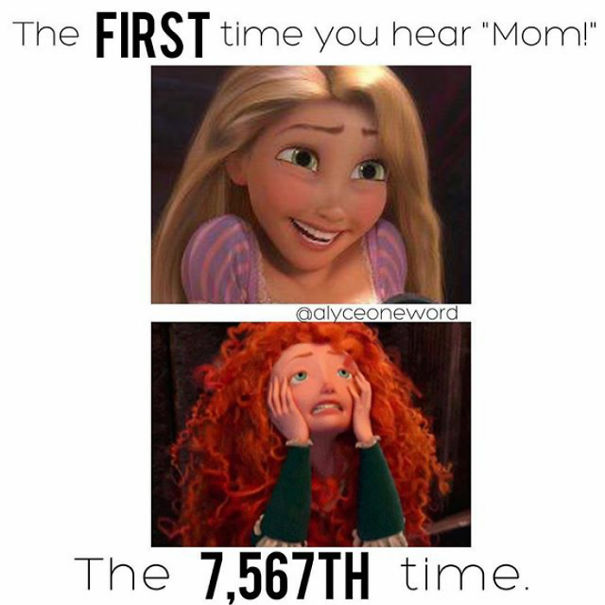 Animated characters humorously showing the contrast in reactions to hearing "Mom!" for the first time versus the 7,567th time.