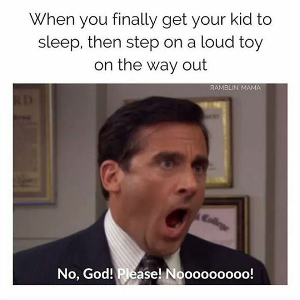 Parenting meme with a shocked man reacting after waking a sleeping child with a toy.