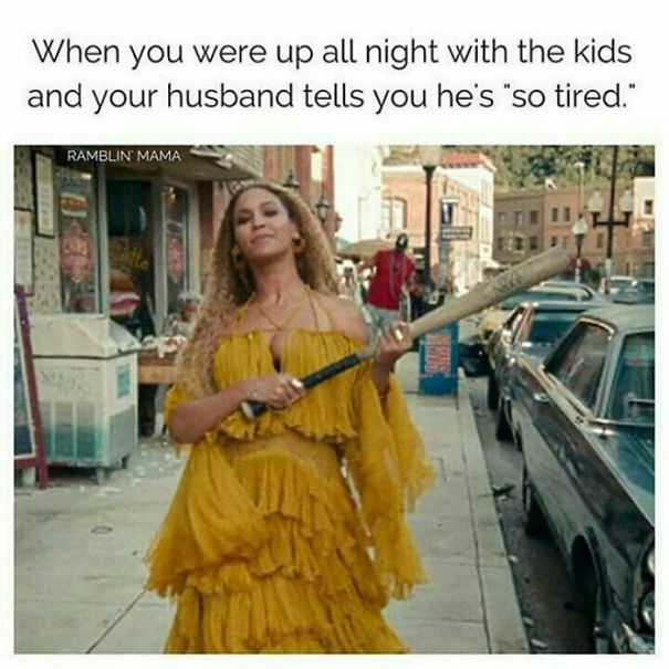 Parenting meme showing a confident woman in a yellow dress holding a bat, illustrating parental exhaustion humor.