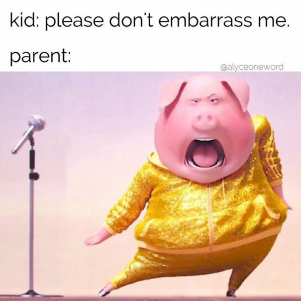 Animated pig parent in a gold outfit, singing humorously into a microphone; representing parenting memes.