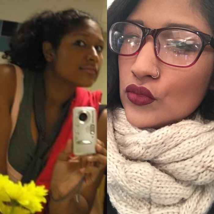 To My Left Is Sophomore Or Junior Year Of College (19/20 Yrs Old) And To My Right 2017 (28 Years Old) Still An Emo/punk Kid Inside, Make-up Is Slightly Better Lol