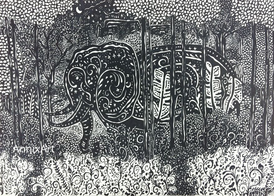 I Use Permanent Markers To Draw Detailed, Night-Time Forest Scenes With Animals I Use Permanent Markers To Draw Detailed, Night-Time Forest Scenes With Animals