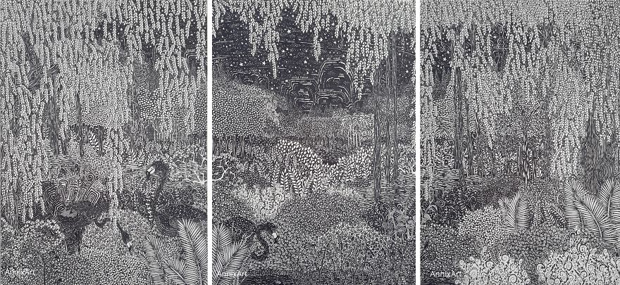 I Use Permanent Markers To Draw Detailed, Night-Time Forest Scenes With Animals