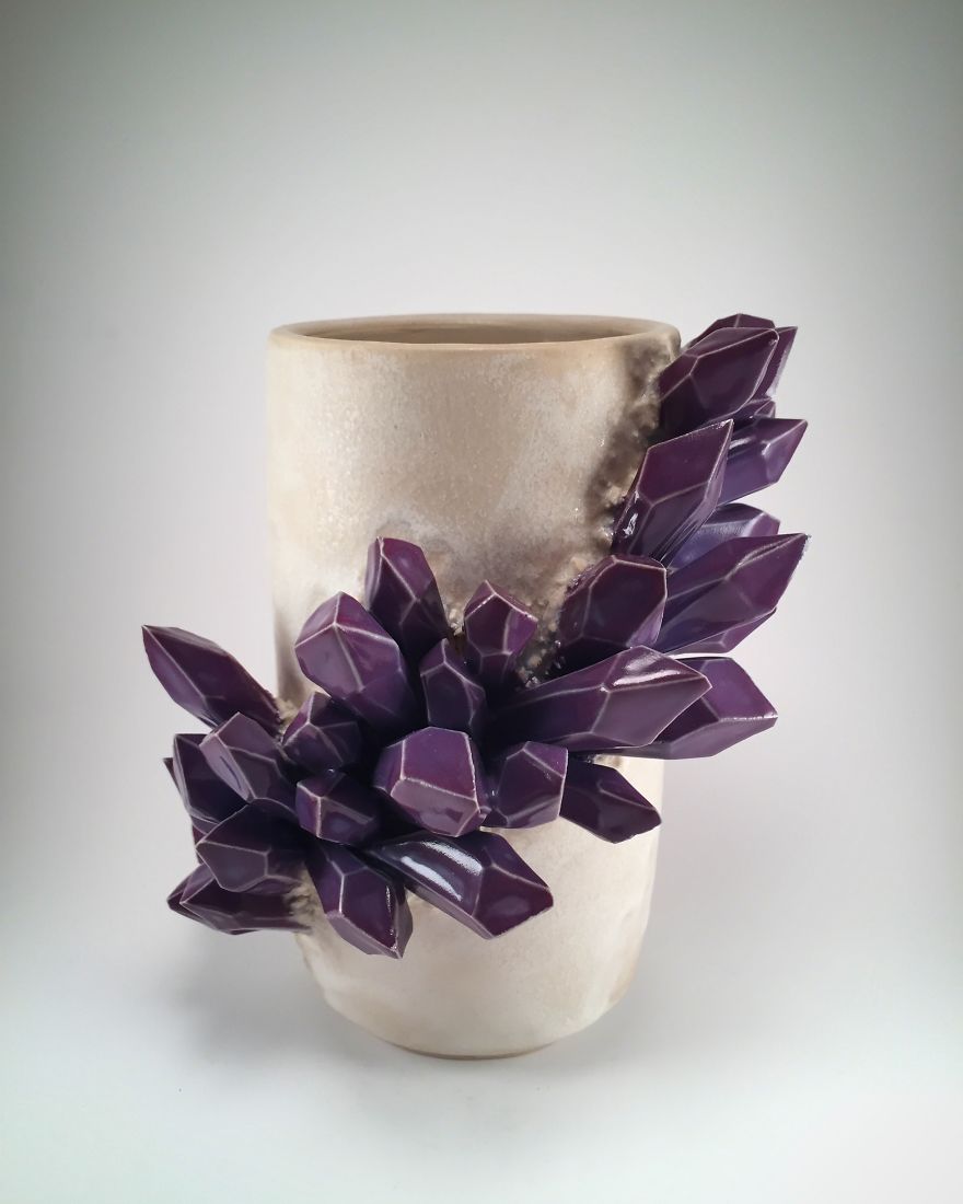 I Create Ceramic Pieces With Giant Sculpted Crystals Growing Out Of Them