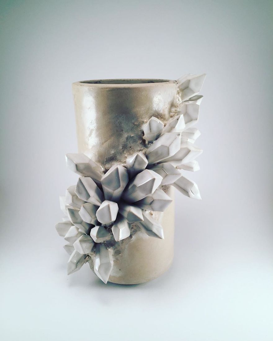I Create Ceramic Pieces With Giant Sculpted Crystals Growing Out Of Them