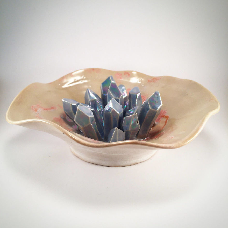 I Create Ceramic Pieces With Giant Sculpted Crystals Growing Out Of Them
