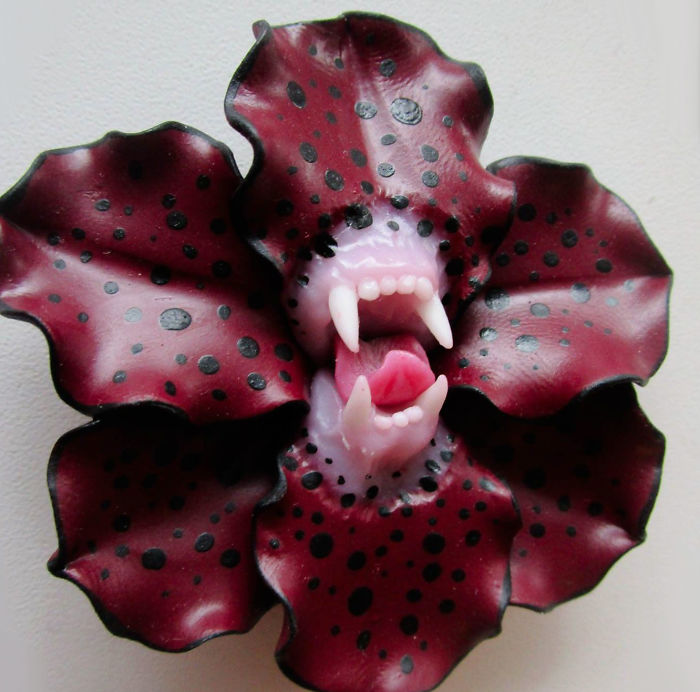 I Make Delicate Carnivorous Flowers (carnifloras Or Fleeth) Using Polymer Clay And Natural Gems