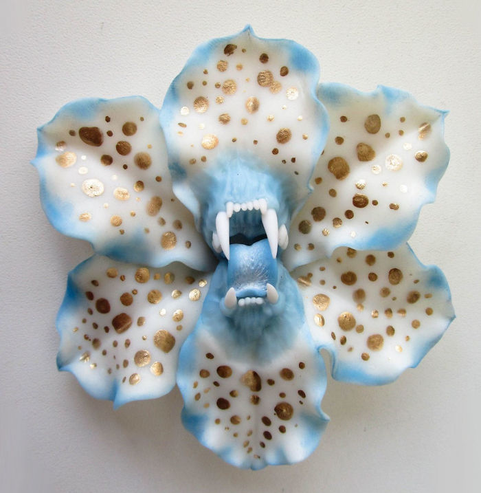 I Make Delicate Carnivorous Flowers (carnifloras Or Fleeth) Using Polymer Clay And Natural Gems