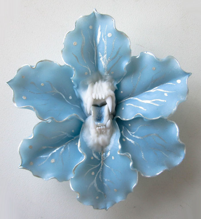I Make Delicate Carnivorous Flowers (carnifloras Or Fleeth) Using Polymer Clay And Natural Gems