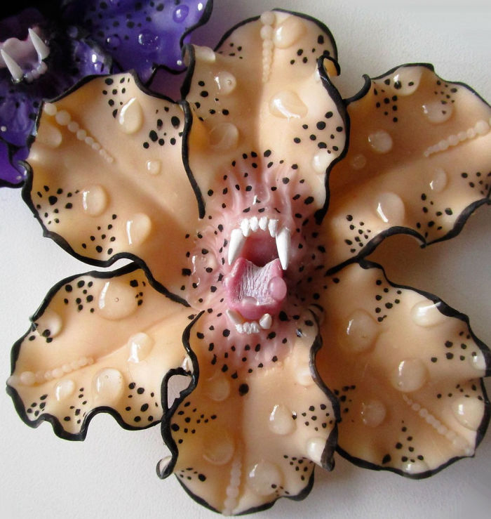 I Make Delicate Carnivorous Flowers (carnifloras Or Fleeth) Using Polymer Clay And Natural Gems