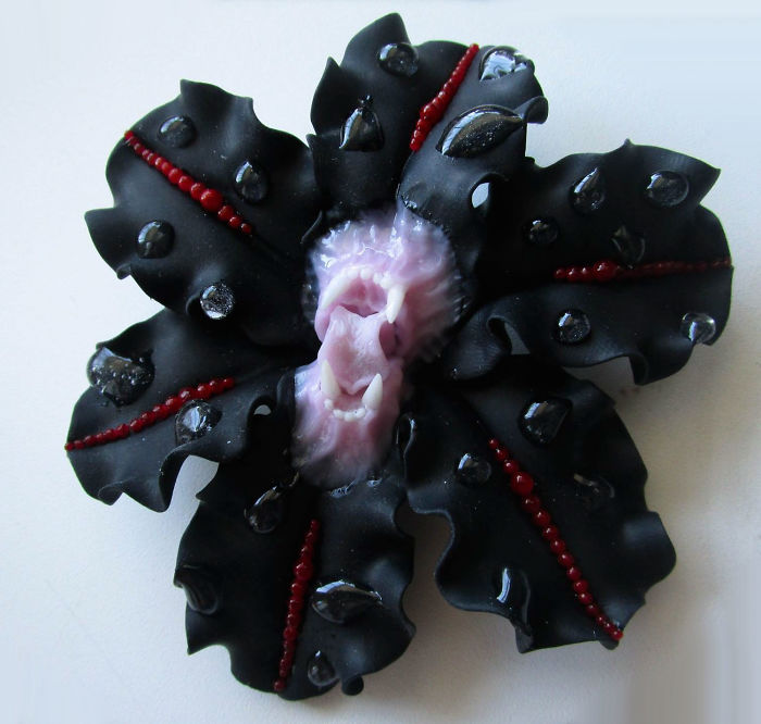 I Make Delicate Carnivorous Flowers (carnifloras Or Fleeth) Using Polymer Clay And Natural Gems