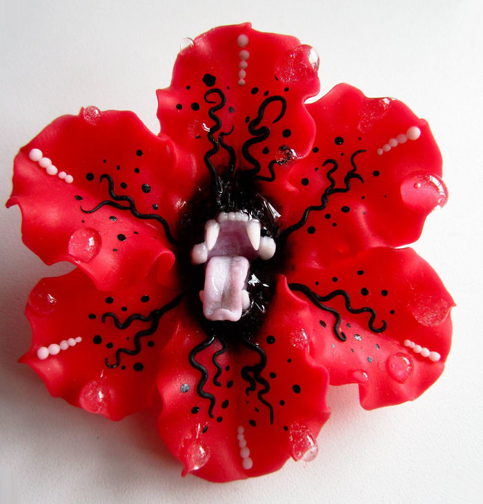 I Make Delicate Carnivorous Flowers (carnifloras Or Fleeth) Using Polymer Clay And Natural Gems