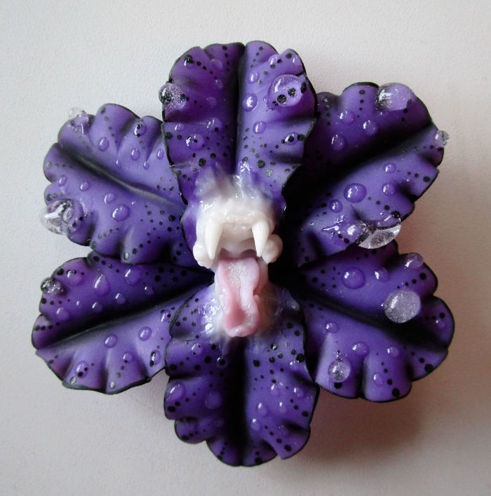 I Make Delicate Carnivorous Flowers (carnifloras Or Fleeth) Using Polymer Clay And Natural Gems