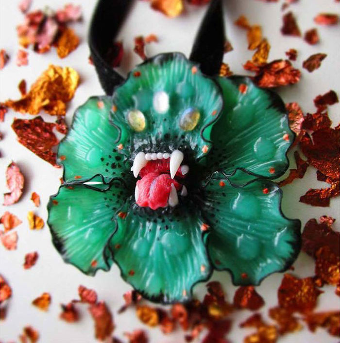 I Make Delicate Carnivorous Flowers (carnifloras Or Fleeth) Using Polymer Clay And Natural Gems