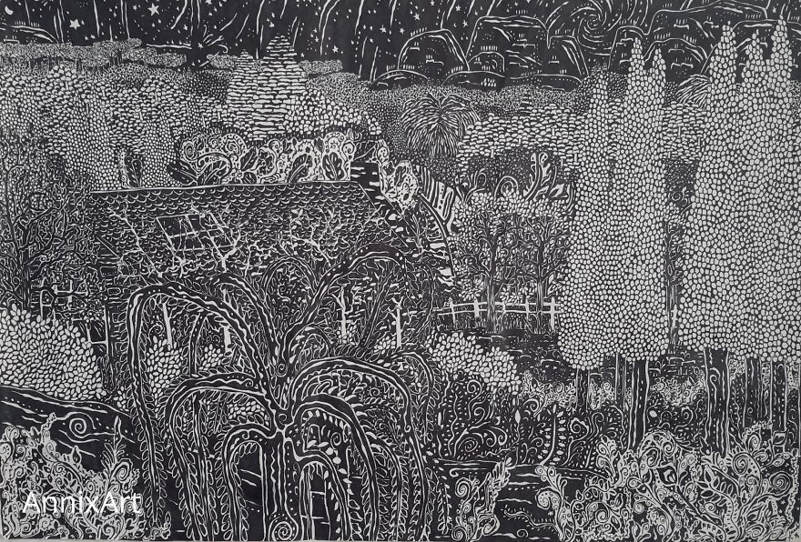 I Use Permanent Markers To Draw Detailed, Night-Time Forest Scenes With Animals