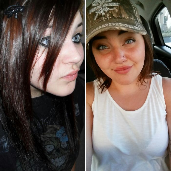 A Wannabe Scene Kid My Freshman Year Of High School Vs 10 Years Later Listening To Country, Working With Truck Drivers And Mechanics In The Shipping Container Business And Fishin' On Weekends.
