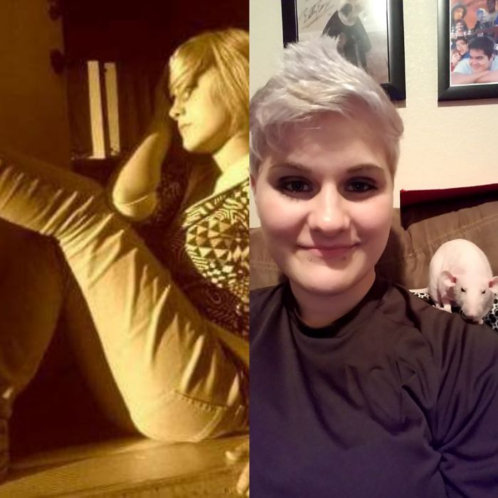 2008: All Pictures In Sepia And Must Never Be Taken From The Front. Like Sucks 100% Of The Time. 2017: Still Rebellious As Far As Looks Go, But Have A Loving Husband And Awesome Job, Doing What I Love. Also, Have Lots Of Furbabies, And One Furless Four Legged Baby.