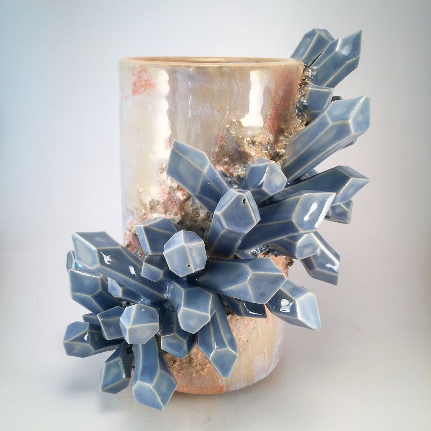 I Create Ceramic Pieces With Giant Sculpted Crystals Growing Out Of Them