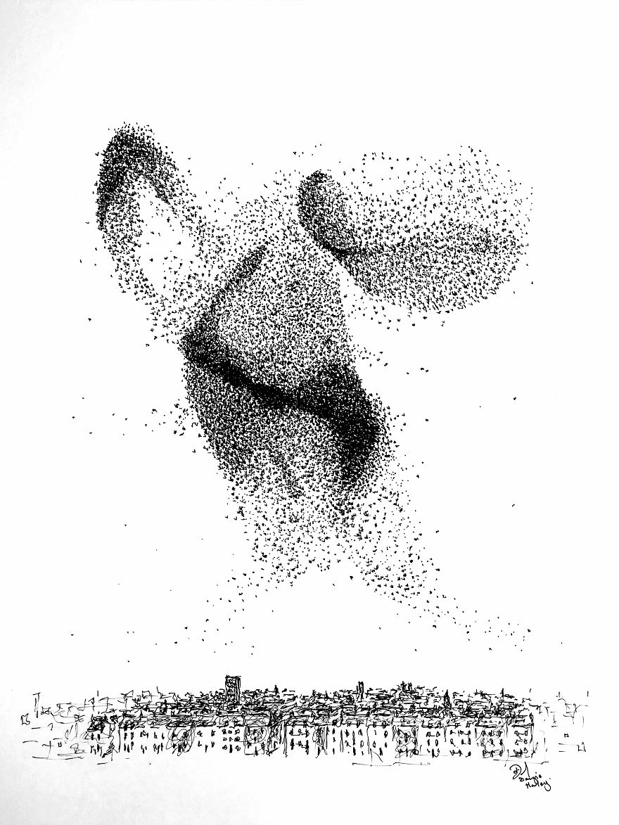 Breathtaking Starling Murmurations Put To Paper Using Scribbles And Dots By Scottish Artist Breathtaking Starling Murmurations Put To Paper Using Scribbles And Dots By Scottish Artist