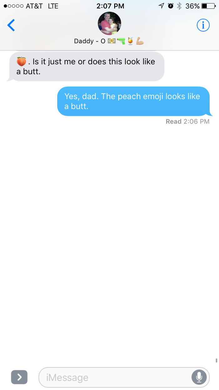 Dad joke text exchange about a peach emoji looking like a b**t.