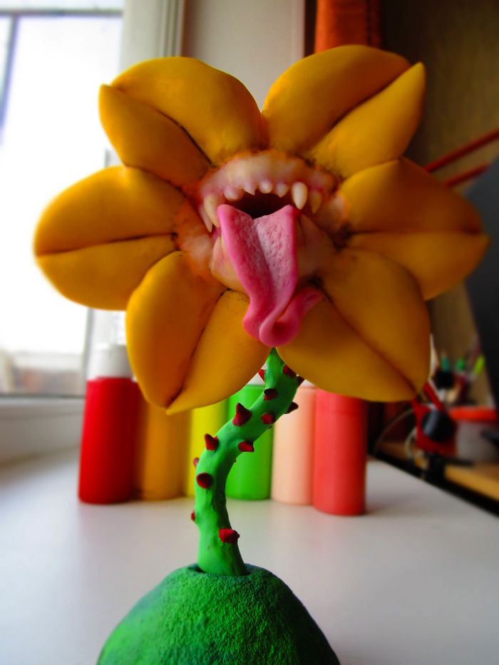 I Make Delicate Carnivorous Flowers (carnifloras Or Fleeth) Using Polymer Clay And Natural Gems