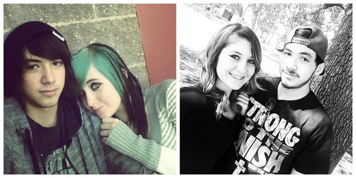 Five Years Ago When My Bestfriend/boyfriend And I Met To Now. Kind Of Miss The Blue Hair And Snake Bites!
