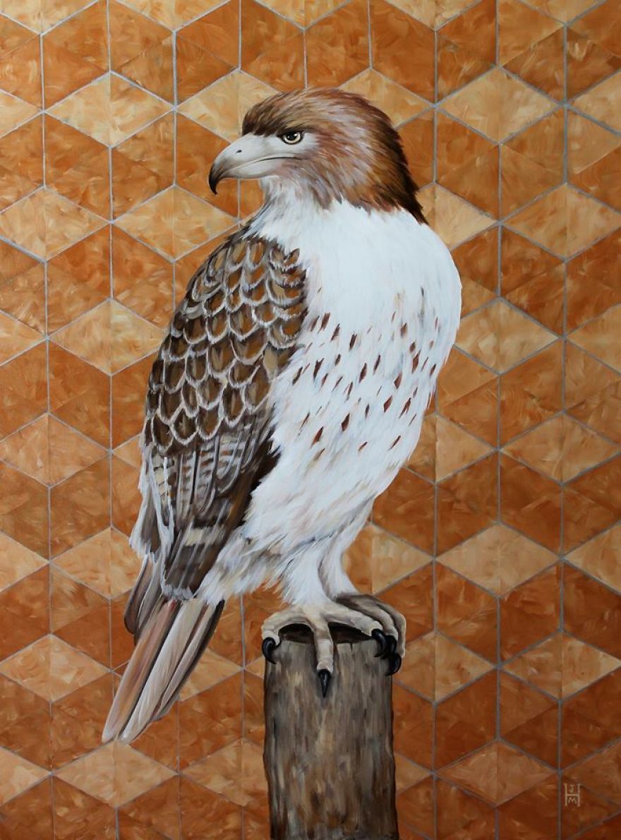 Red Tailed Hawk With Copper Pattern-original Acrylic Paint On Canvas