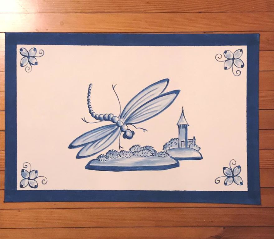 Delft Tile Dragonfly Historic Canvas Floorcloth