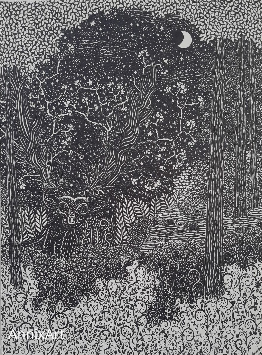 I Use Permanent Markers To Draw Detailed, Night-Time Forest Scenes With Animals