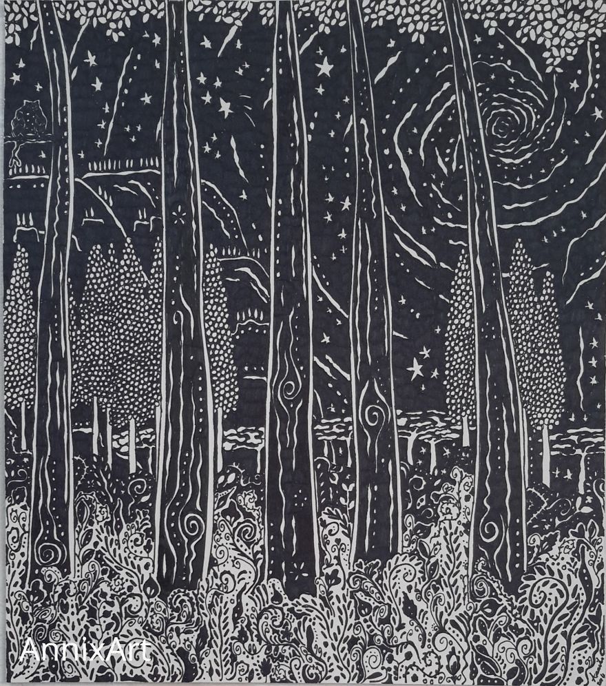 I Use Permanent Markers To Draw Detailed, Night-Time Forest Scenes With Animals I Use Permanent Markers To Draw Detailed, Night-Time Forest Scenes With Animals