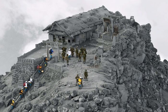 A Temple Covered In Ash From The Ontake Volcanic Eruption, Japan