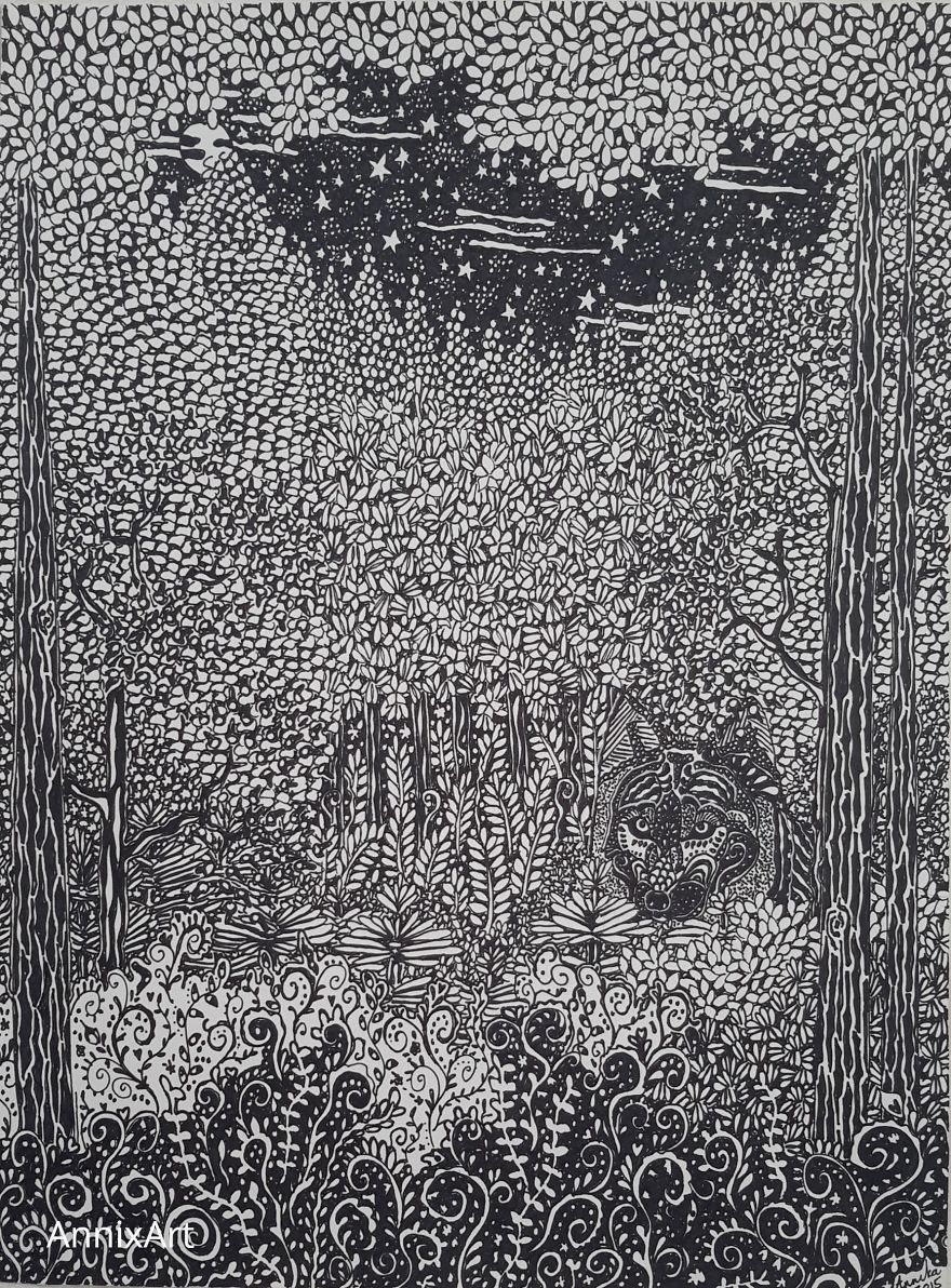 I Use Permanent Markers To Draw Detailed, Night-Time Forest Scenes With Animals I Use Permanent Markers To Draw Detailed, Night-Time Forest Scenes With Animals
