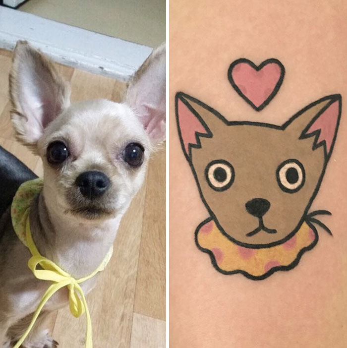 Tattoo of a dog inspired by a pet, created by a South Korean tattoo artist.