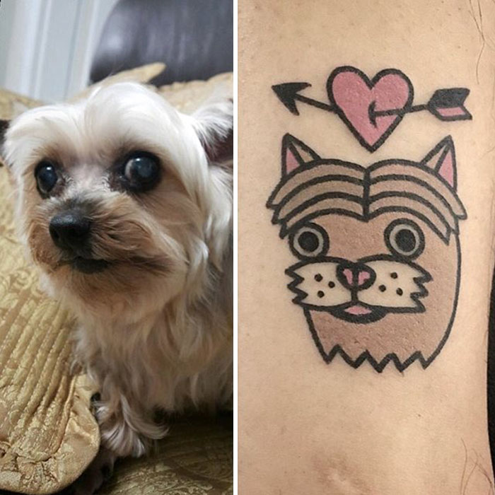 South Korean tattoo artist transforms a small dog's image into a cute tattoo design with heart and arrow.