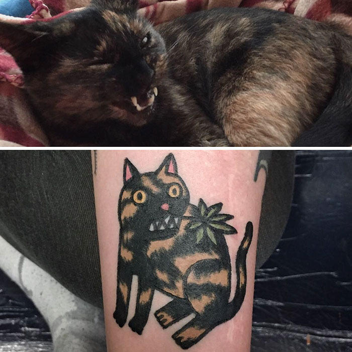 Pet tattoo by South Korean artist, featuring a stylized cat design inspired by a real cat photo.