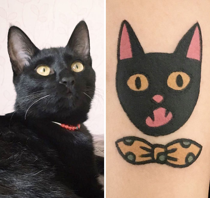 Black cat with a red collar next to a tattoo design of the cat by a South Korean tattoo artist.