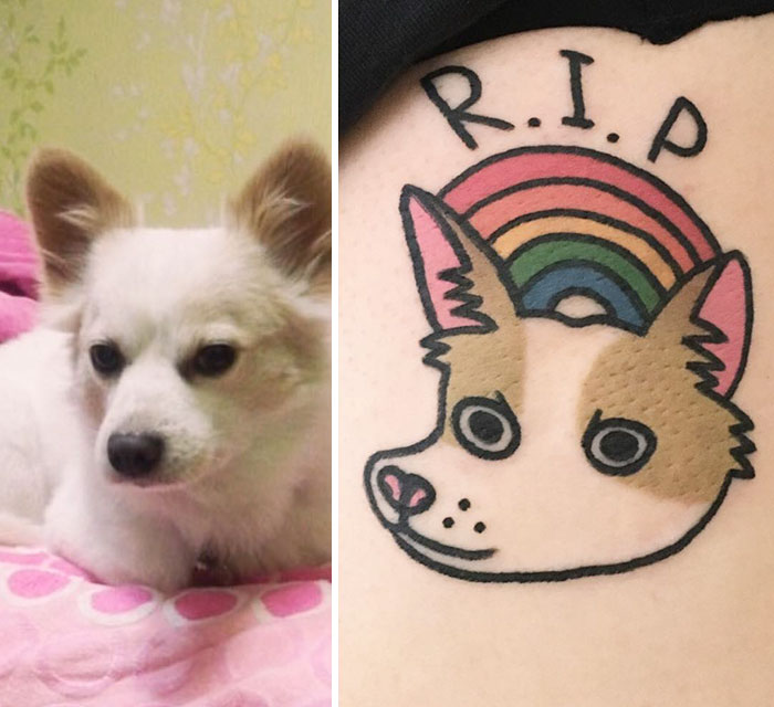 Pet portrait tattoo inspired by a South Korean tattoo artist, featuring a dog with a rainbow and "R.I.P" text.