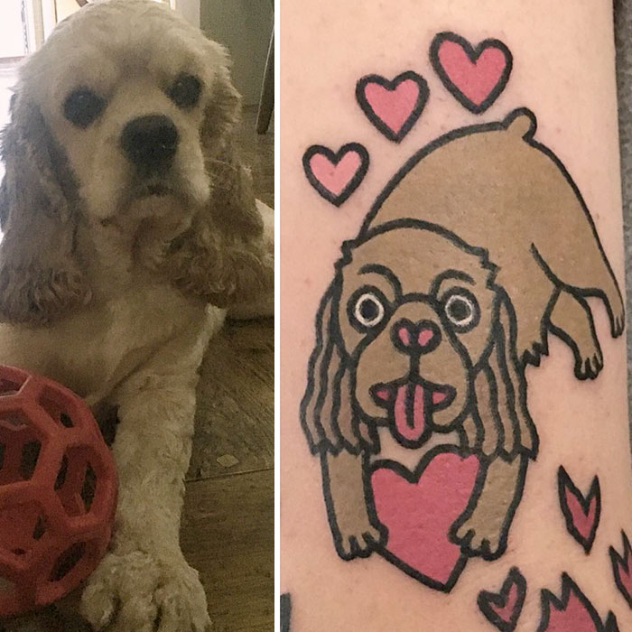 Dog with toy next to cartoon-style tattoo by South Korean artist featuring hearts.