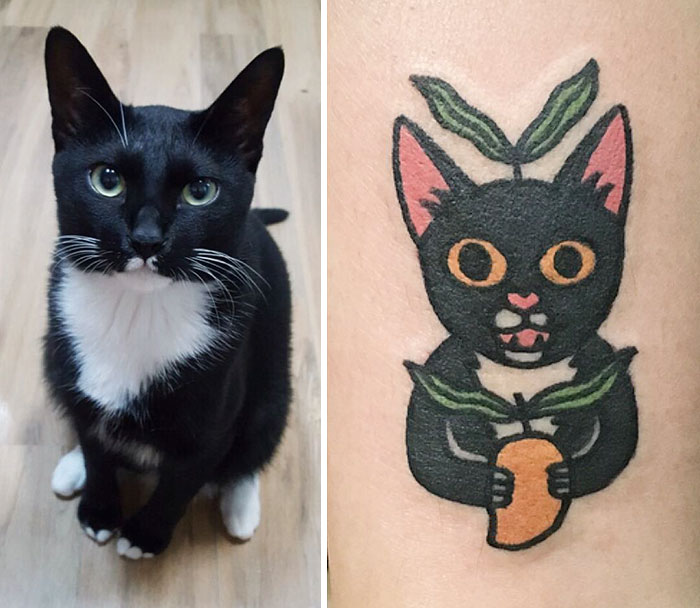 South Korean tattoo artist creates cat-inspired tattoo from a pet's image, showcasing artistic style.