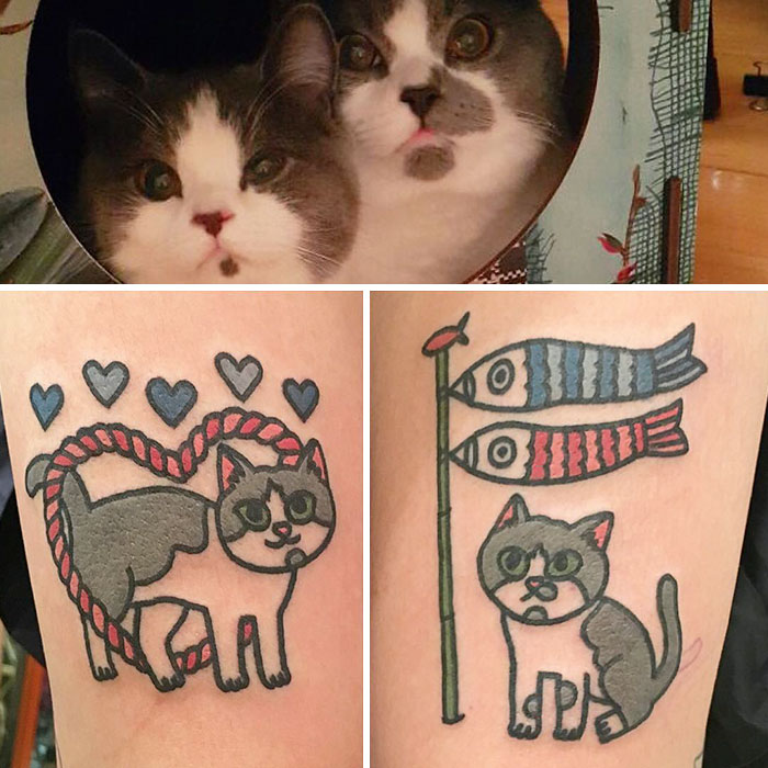 South Korean tattoo artist creates adorable cat tattoos based on two fluffy pets, with cartoonish designs and vibrant colors.