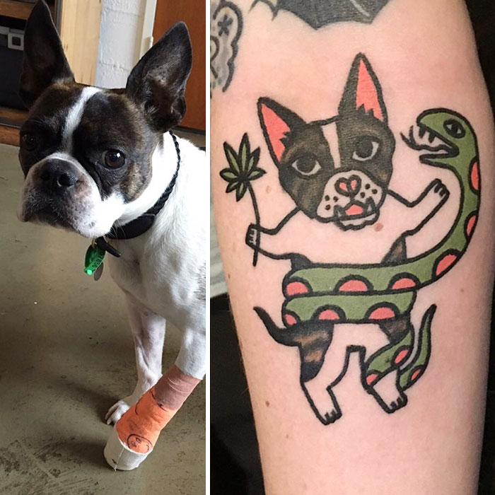 Tattoo of a dog by South Korean artist, featuring a playful design with a snake wrapping around it.