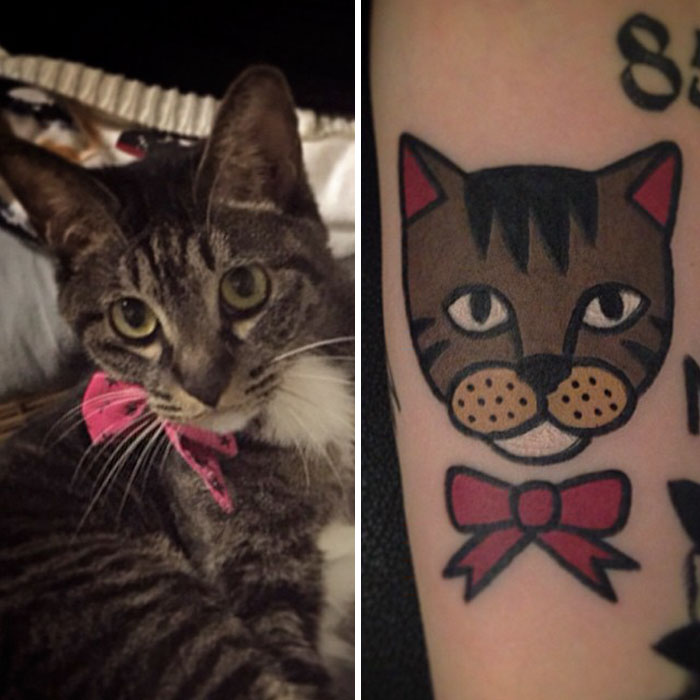 Tattoo of a cat with a pink bow, inspired by a South Korean tattoo artist's pet portrait.