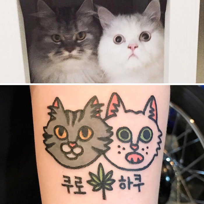 South Korean tattoo artist's rendition of pets as a colorful tattoo design featuring two cats.