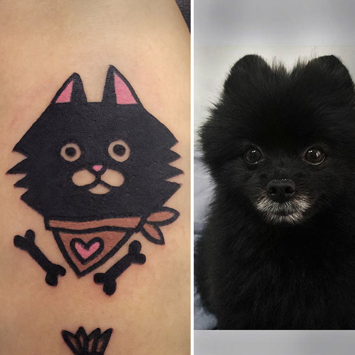 Tattoo of a black dog designed by South Korean tattoo artist, next to its photo.