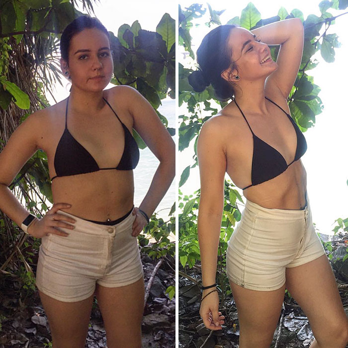 Side-by-side n**e before-and-after photos showing contrast between good posture and bad posture.