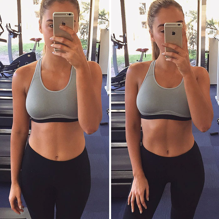 Side-by-side before-and-after photos showing a woman demonstrating good posture versus bad posture.